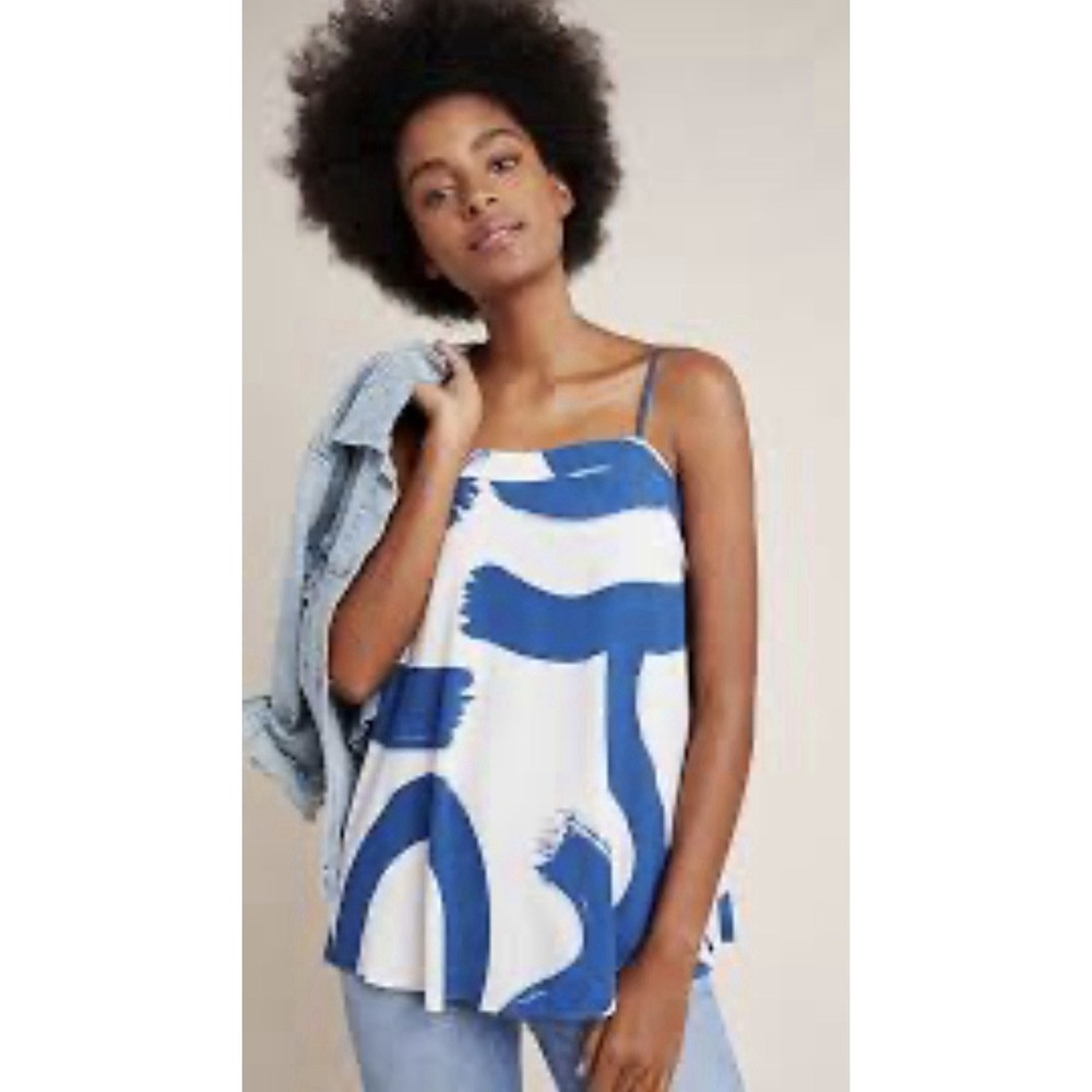 Anthropologie Maeve Sacha Swing Blouse Women's XS Cream Blue Swirl Strappy